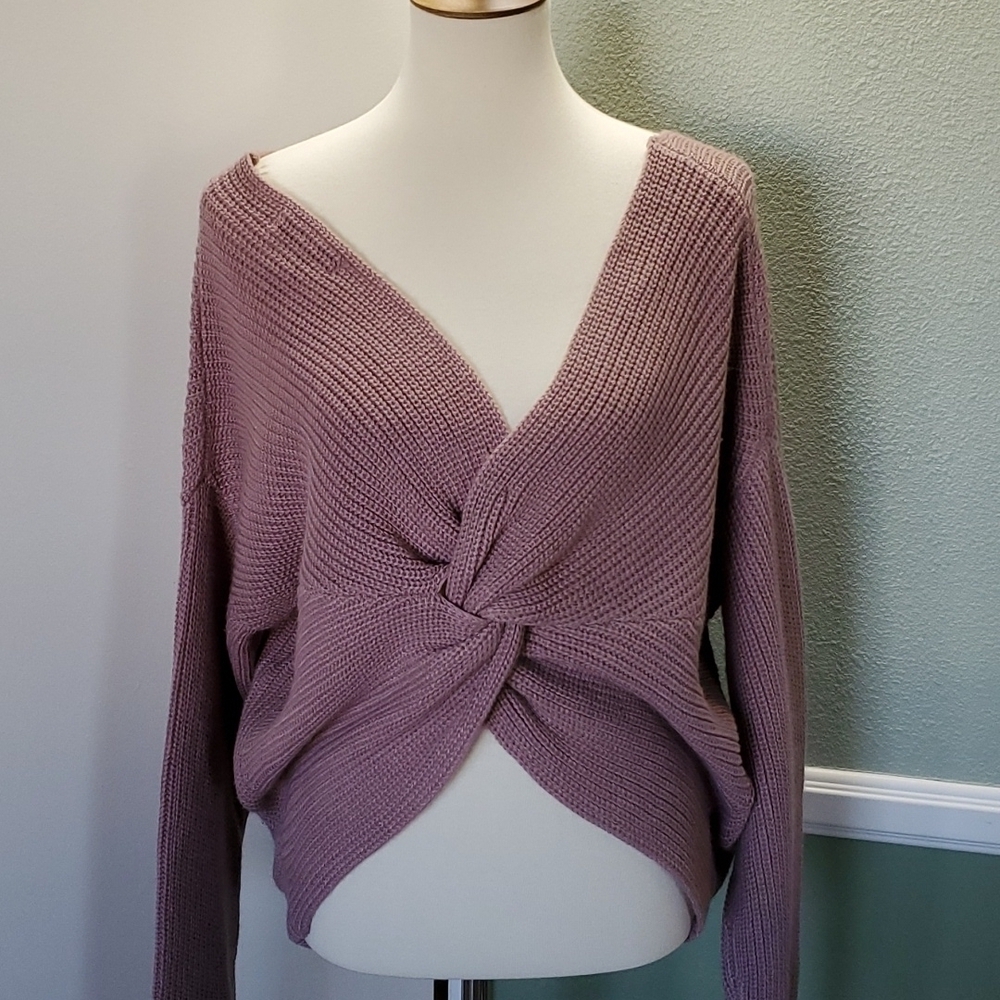 "Love Tree" Long-Sleeve Waffle Knit Sweater, with V-neck Front & Twisted Back - Picture 4 of 14